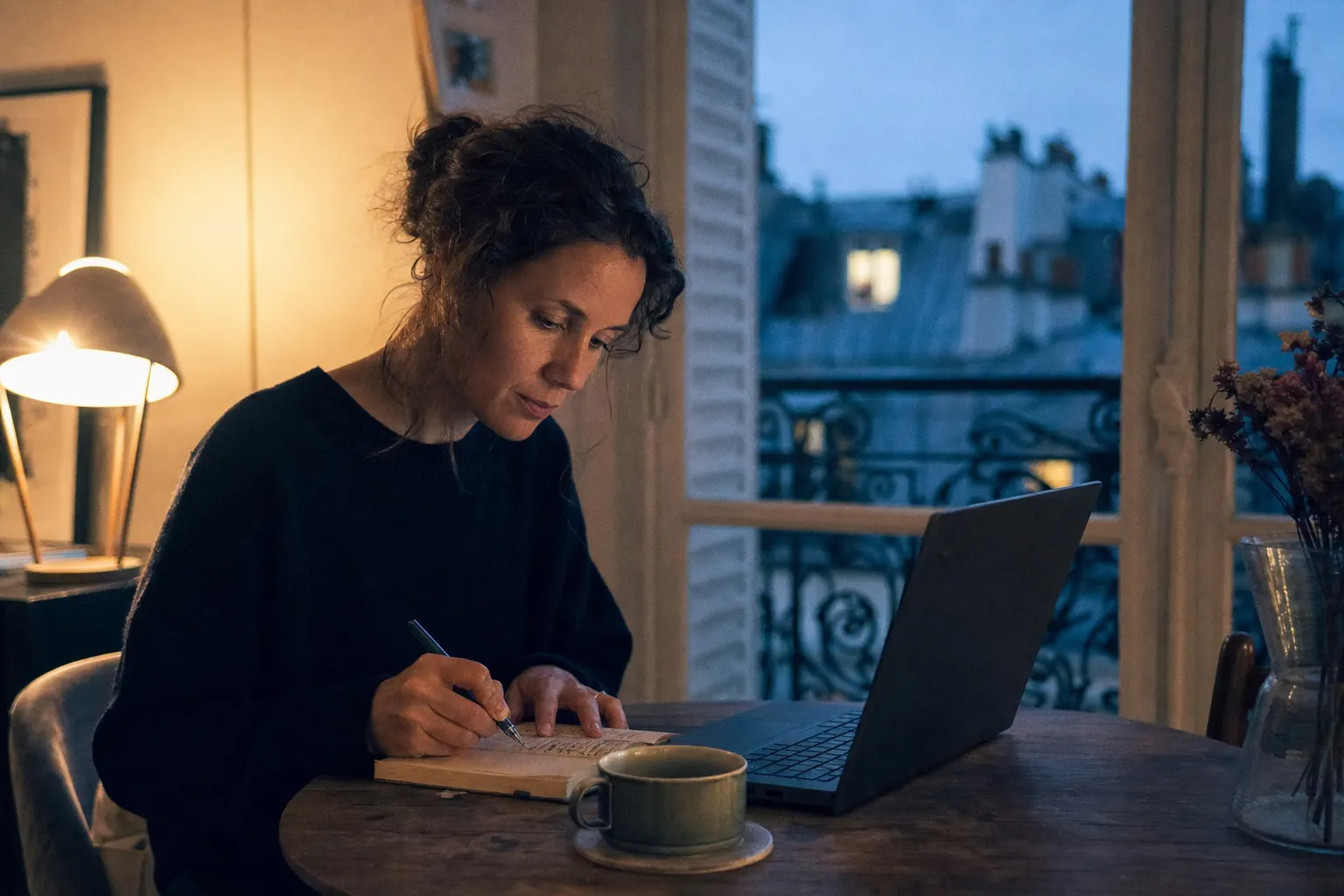 Uma aluna estuda uma formação online ao anoitecer, junto a uma janela com os telhados de Paris, e toma notas à mão