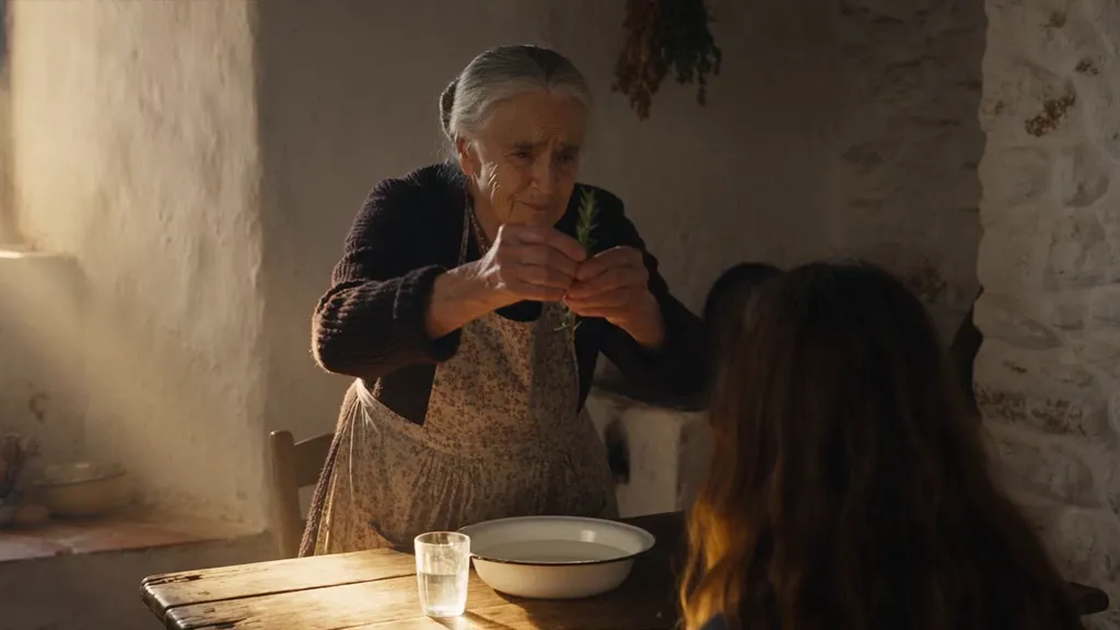 Uma senhora idosa, de casaco de malha e avental, numa cozinha caiada com luz de janela, a benzer com um raminho de alecrim sobre a cabeça de uma mulher mais nova sentada à mesa, onde estão um prato de água e um copo.