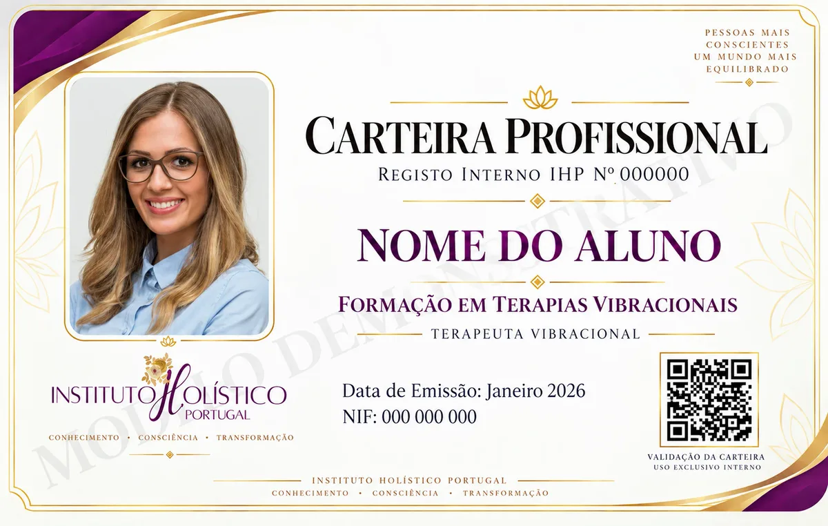 Modelo da Carteira Profissional: fotografia, nome do aluno, registo interno IHP, Formação em Terapias Vibracionais, data de emissão e código QR de validação.