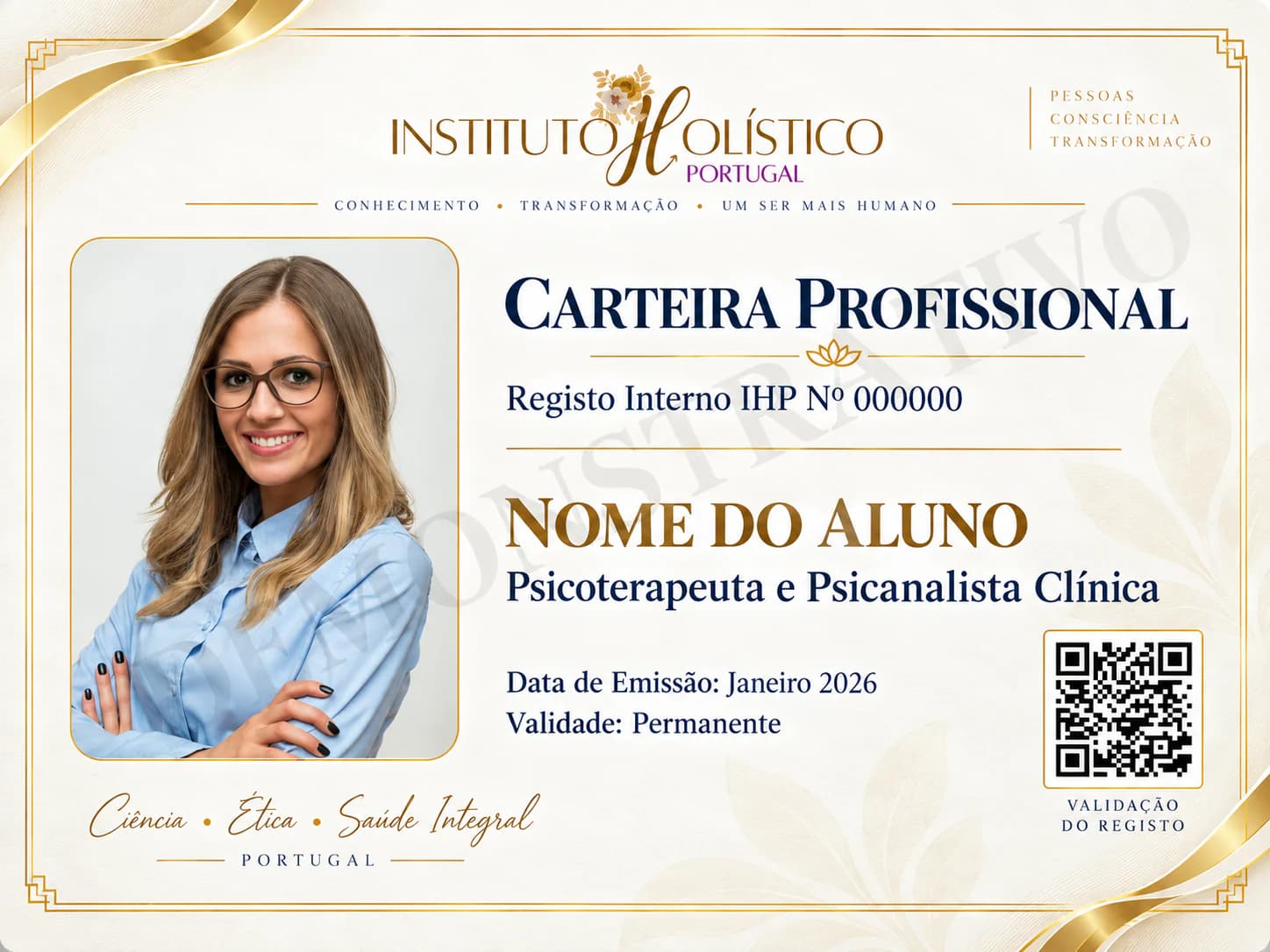 Carteira Profissional de Psicoterapeuta e Psicanalista Clínica: fotografia, registo interno IHP, data de emissão, validade permanente e código QR de validação do registo.