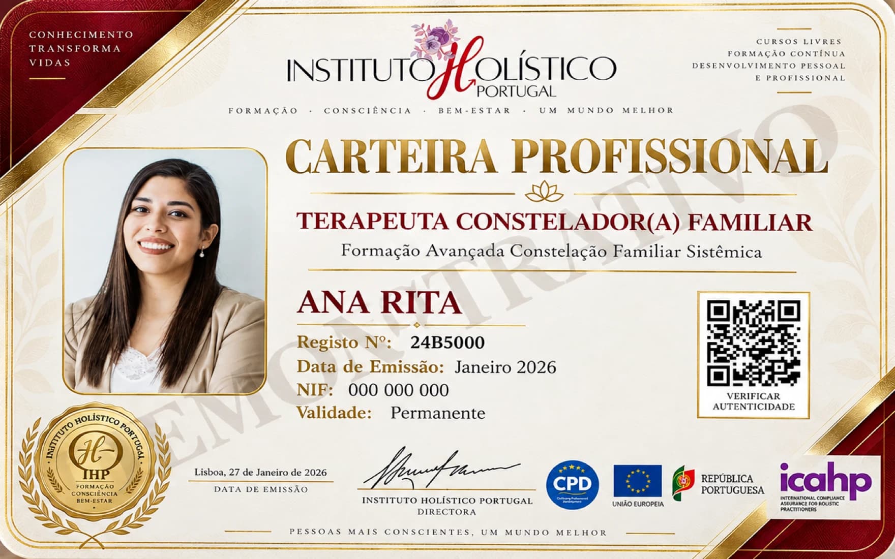 Carteira Profissional de Terapeuta Constelador(a) Familiar do Instituto Holístico Portugal, exemplo demonstrativo com fotografia, número de registo, NIF e código QR
