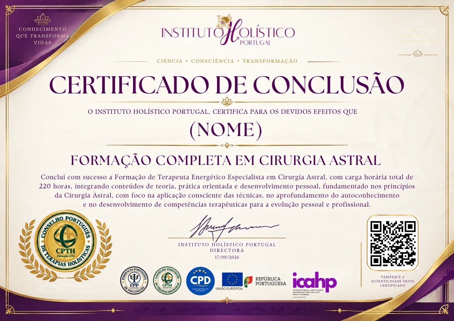 Certificado de Conclusão da Formação Completa em Cirurgia Astral do Instituto Holístico Portugal, com os selos do Conselho Português de Terapias Holísticas, da Federação Portuguesa de Psicanálise, do CPD, da União Europeia, da República Portuguesa e do ICAHP, e o QR Code de verificação