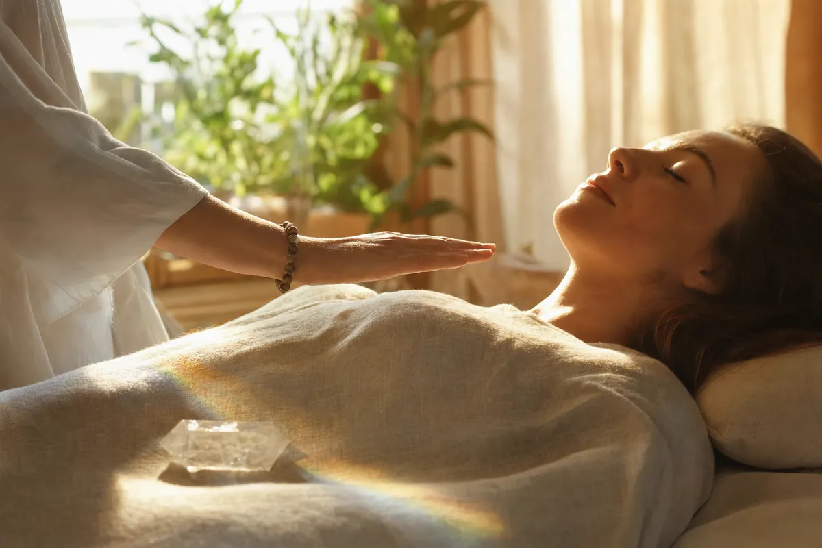 Mão aberta de um terapeuta a poucos centímetros do peito de uma pessoa deitada de olhos fechados numa marquesa de linho, com um cristal e um pequeno arco-íris de luz sobre o tecido.