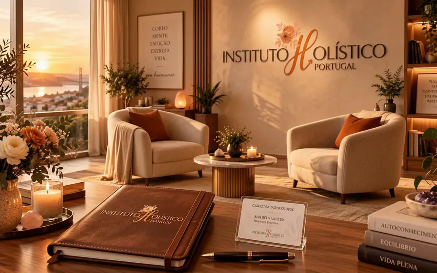 Um escritório do Instituto Holístico Portugal ao fim da tarde, com o logótipo na parede e a vista sobre Lisboa