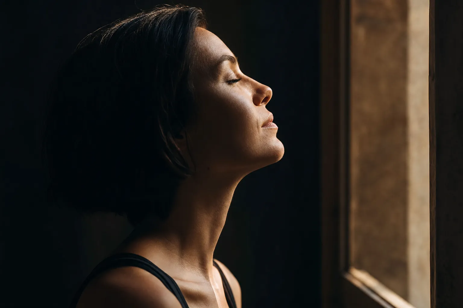 Perfil de uma mulher de olhos fechados, com o queixo ligeiramente erguido, virada para uma luz quente de janela.