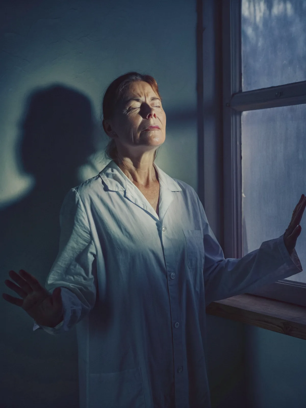 Uma mulher de pé numa sala escura, de olhos fechados, com as palmas das mãos abertas e uma luz suave no rosto e nas mãos