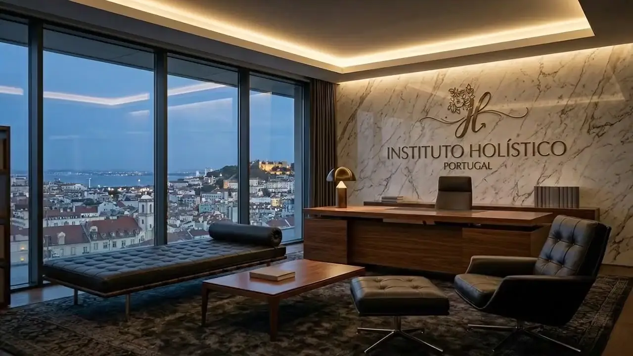 Sala do Instituto Holístico Portugal ao anoitecer: secretária de madeira, candeeiro aceso e o logótipo numa parede de mármore, com Lisboa ao fundo.
