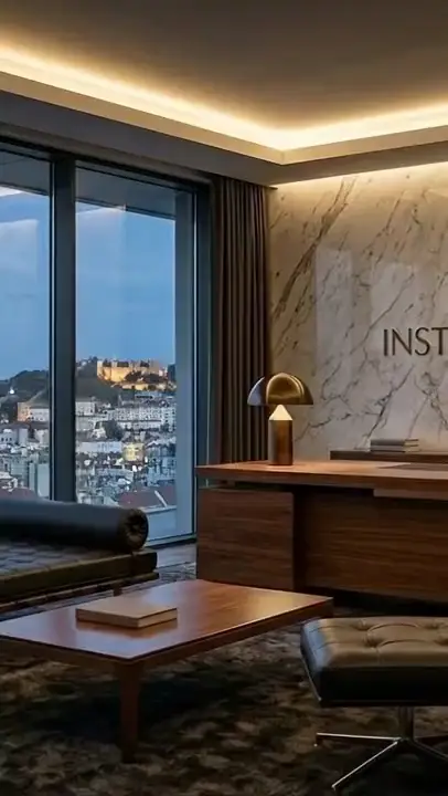 Sala do Instituto Holístico Portugal ao anoitecer: secretária de madeira, candeeiro aceso e o logótipo numa parede de mármore, com Lisboa ao fundo.