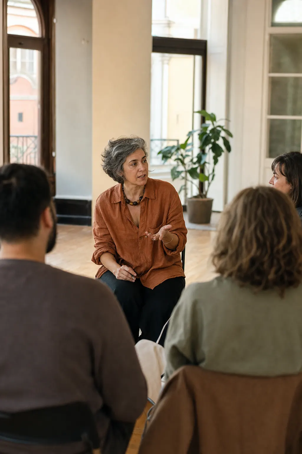 Uma formadora conduz um pequeno workshop presencial, sentada em roda com os participantes