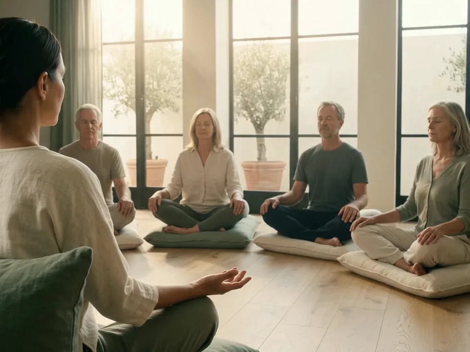 Uma instrutora de meditação vista de costas, a guiar a respiração de um pequeno grupo sentado em almofadas numa sala clara