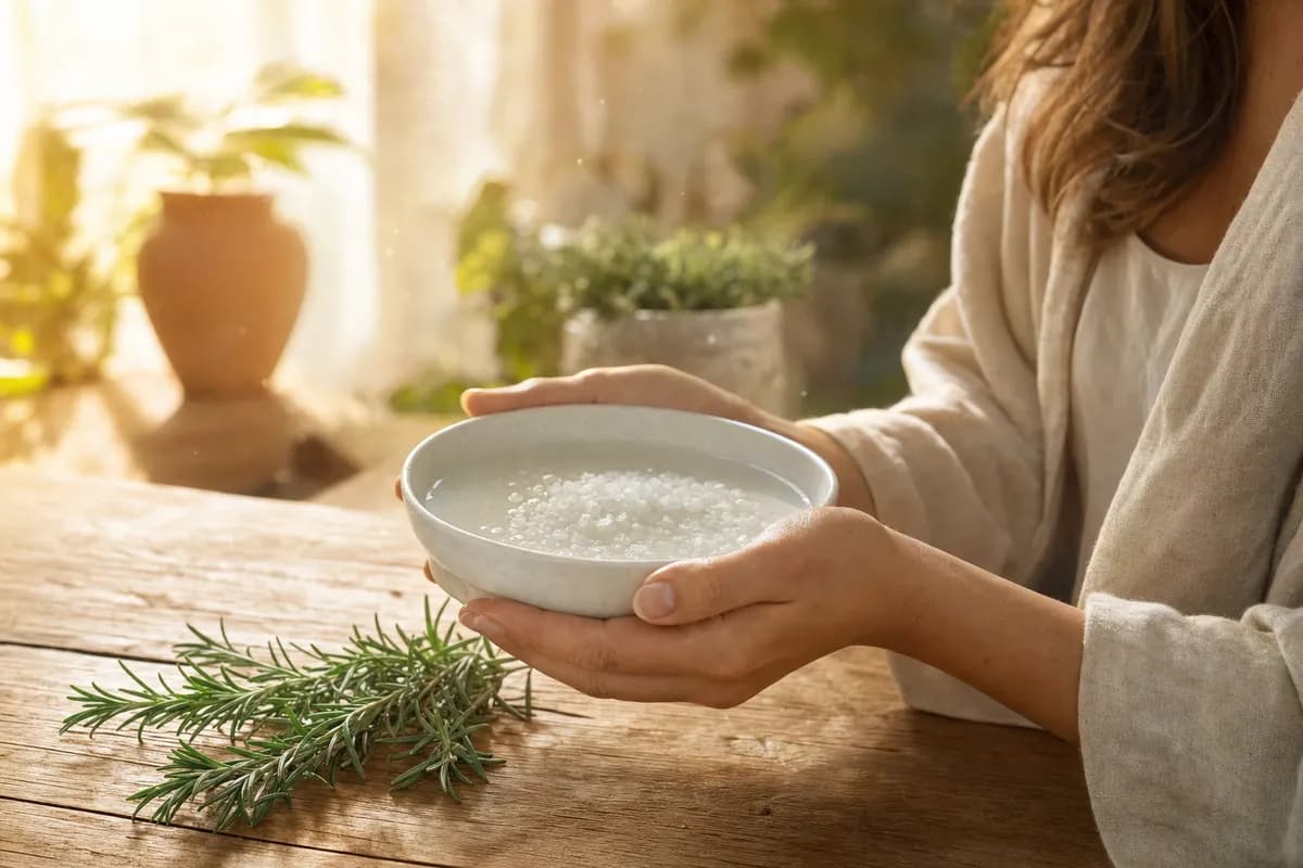 Mãos a segurar uma tigela branca com água e sal grosso, um raminho de alecrim pousado na mesa de madeira, luz dourada de janela e plantas ao fundo.