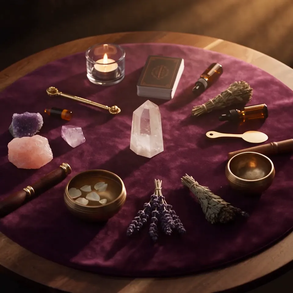 Mesa redonda com os objectos das terapias holísticas dispostos em círculo: cristais, pêndulo, cartas, óleos, ervas, taça e vela