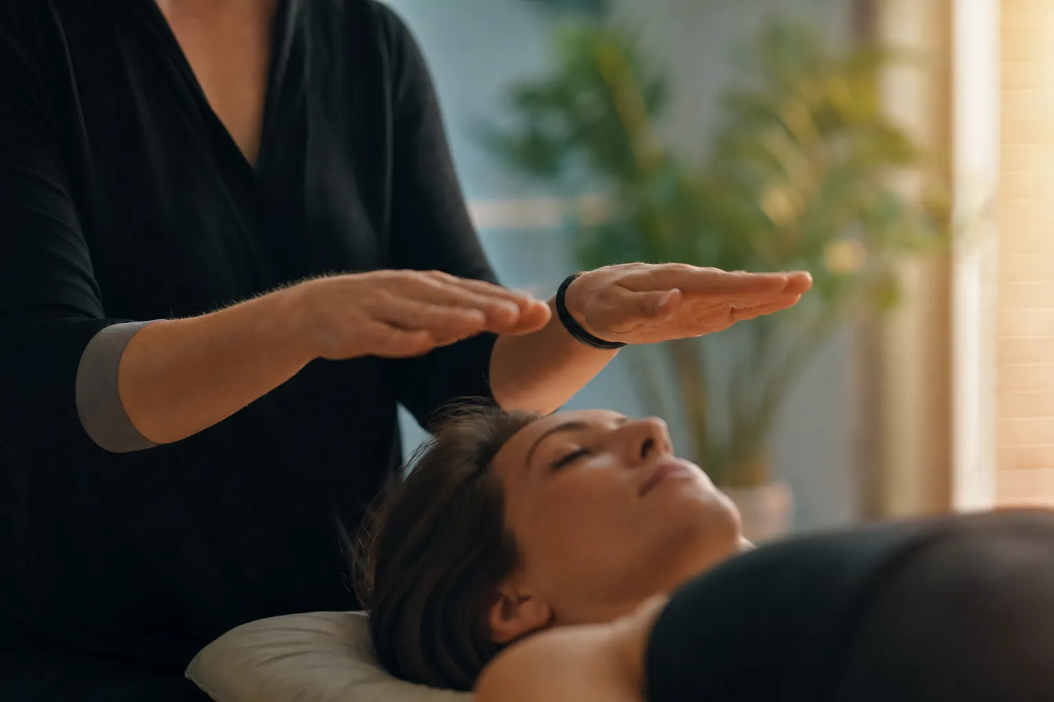 Mãos de um terapeuta abertas a poucos centímetros dos ombros de uma pessoa deitada de olhos fechados, numa sala clara.