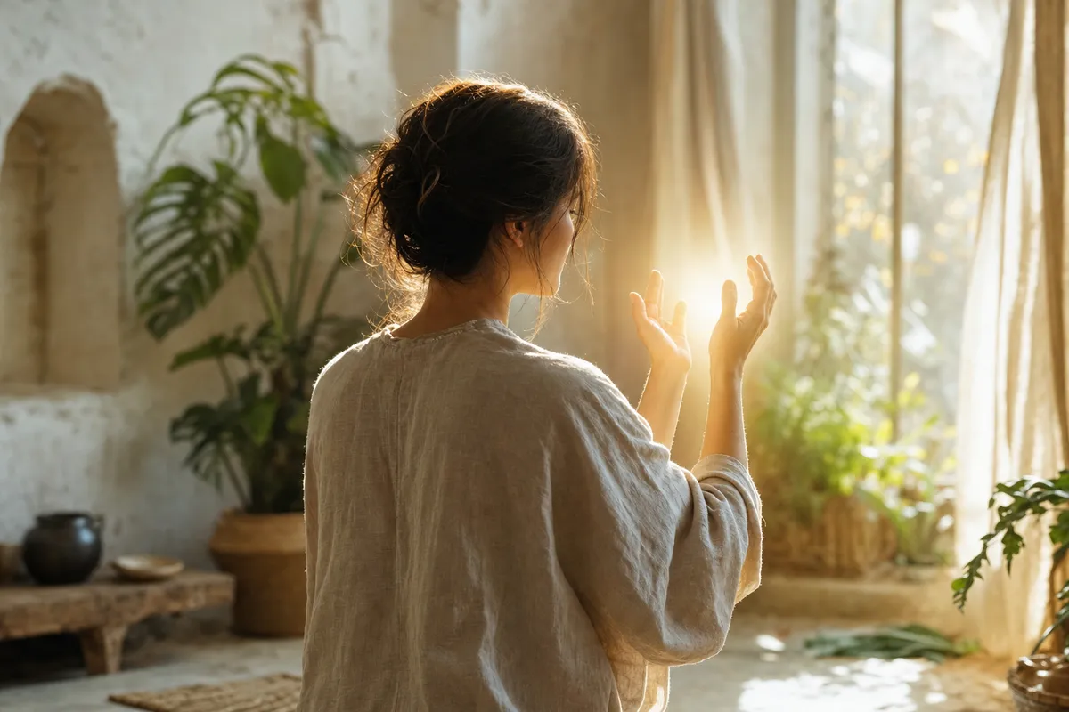 Mulher de blusa de linho vista de costas, a erguer as mãos abertas para a luz dourada de uma janela, numa sala clara com plantas.