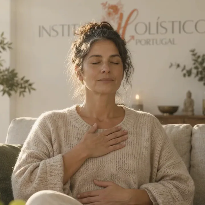 Uma mulher sentada no sofá de uma sala luminosa, de olhos fechados, com uma mão no peito e a outra na barriga, a respirar devagar