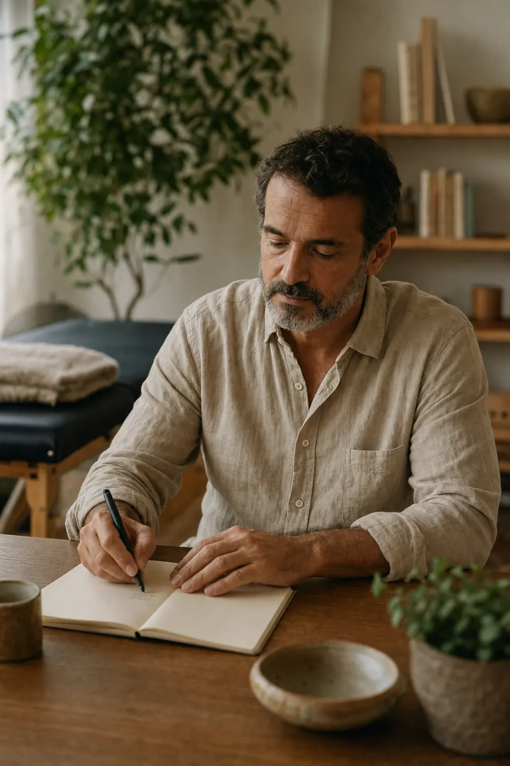 Um terapeuta escreve notas de sessão no seu consultório