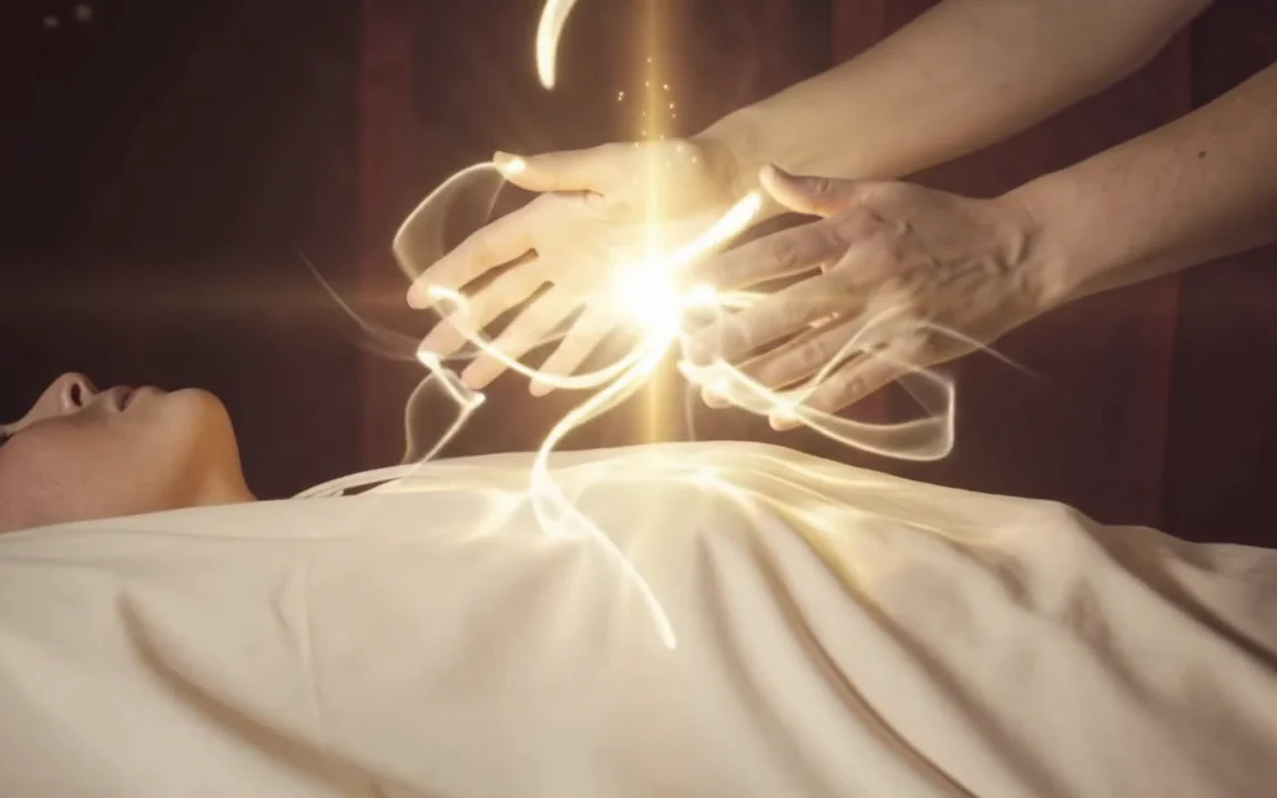 As mãos abertas de uma terapeuta sobre uma pessoa deitada numa marquesa, com uma luz dourada a nascer entre as palmas e fios de luz a subir do corpo