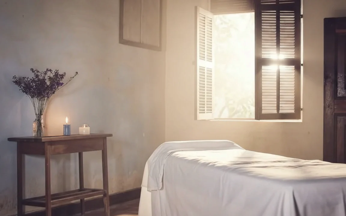 Uma sala de terapia com uma marquesa de lençol branco, uma mesa com flores secas e velas acesas, e a luz do dia a entrar pela janela de portadas abertas