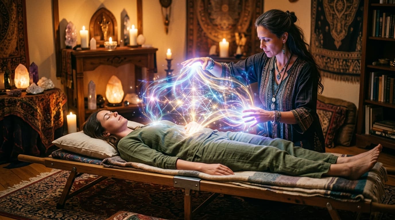 Campo áurico com corpos sutis, chakras e cordões visíveis — aplicação de Cirurgia Astral