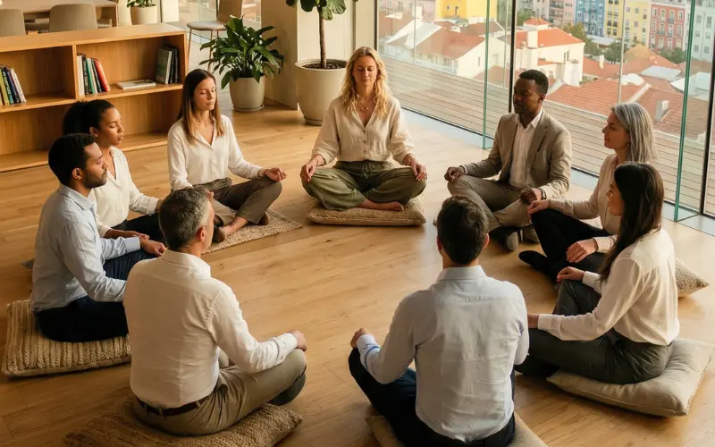 Instrutor(a) de meditação a conduzir sessão de grupo