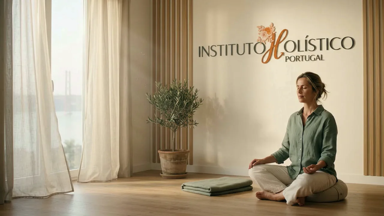 Uma mulher sentada em meditação na sala do Instituto Holístico Portugal, de olhos fechados, com a luz da manhã a entrar pelas cortinas de linho