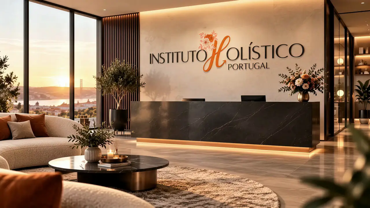 A recepção do Instituto Holístico Portugal: o logótipo na parede, a secretária em mármore e a vista sobre Lisboa