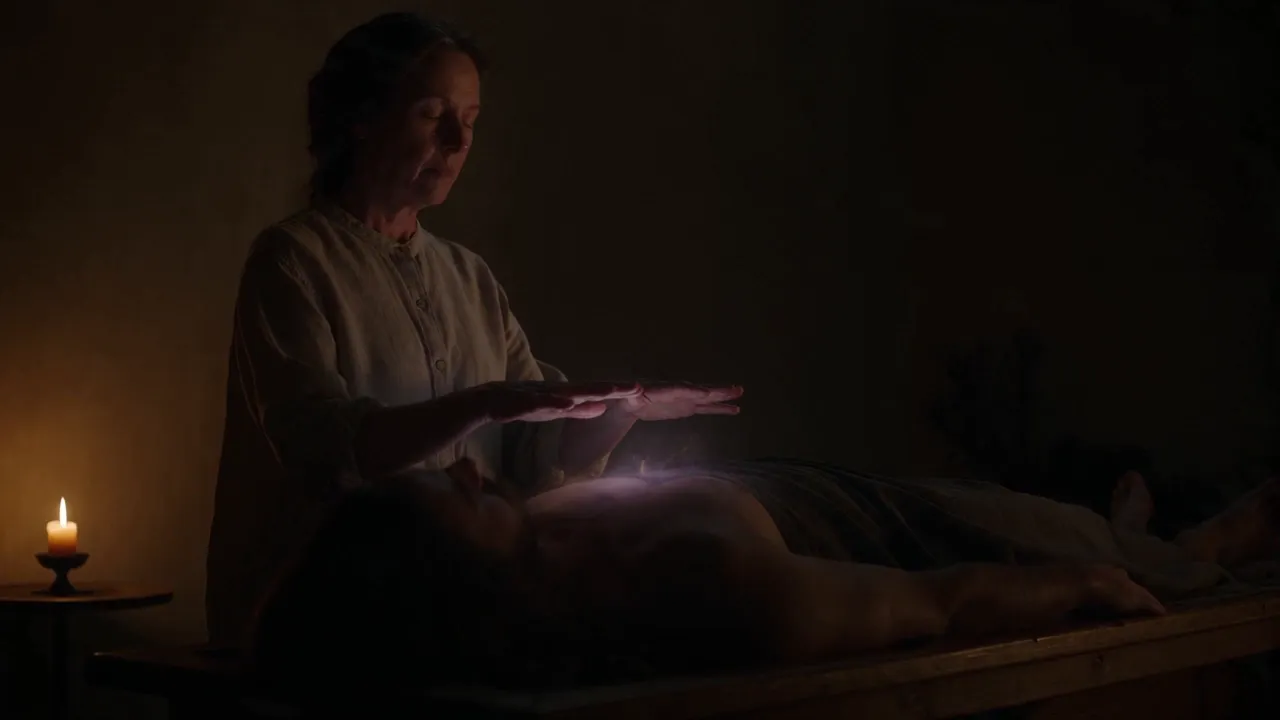 Uma terapeuta com as mãos abertas sobre o peito de uma pessoa deitada numa marquesa, à luz de uma vela, com um campo de luz suave entre as mãos e o corpo