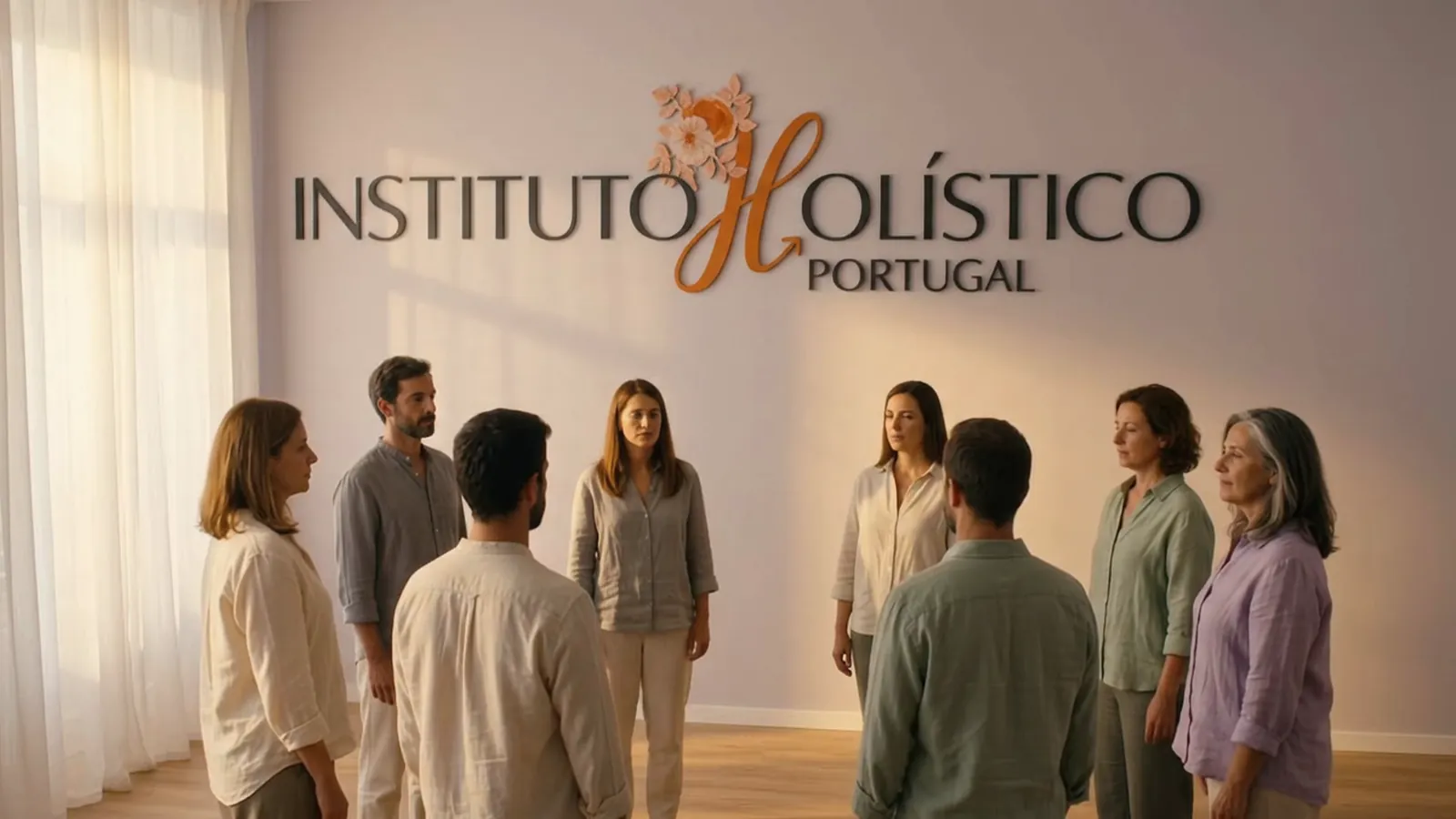 Uma roda de pessoas de pé numa sala clara do Instituto Holístico Portugal, com o logótipo na parede, numa sessão de constelação familiar